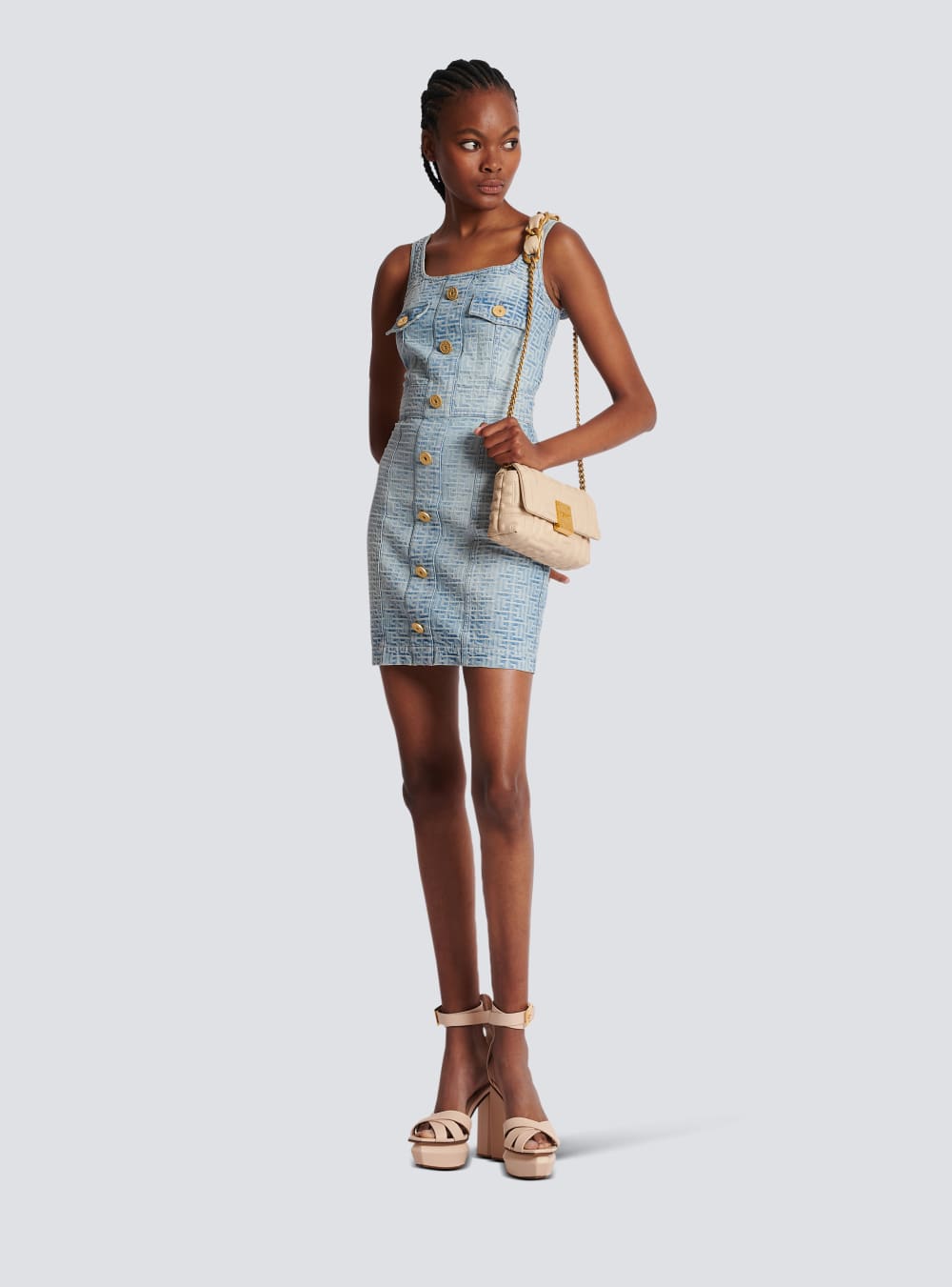 Women's Balmain Monogrammed Short Denim Dress Blue | USA 6IBtBmFT