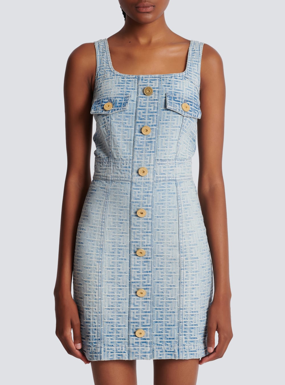 Women's Balmain Monogrammed Short Denim Dress Blue | USA 6IBtBmFT