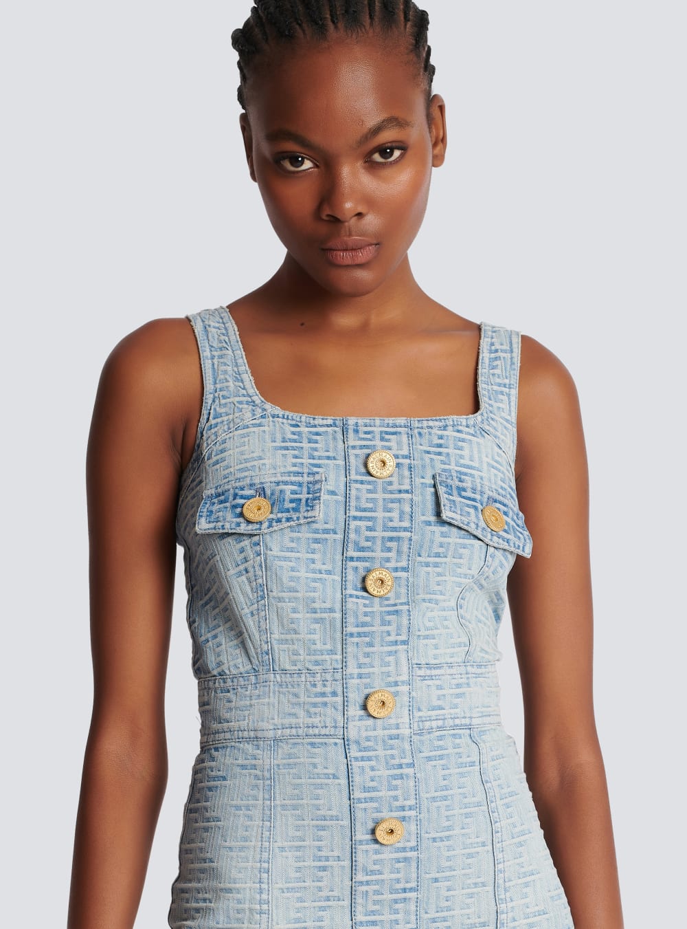 Women's Balmain Monogrammed Short Denim Dress Blue | USA 6IBtBmFT