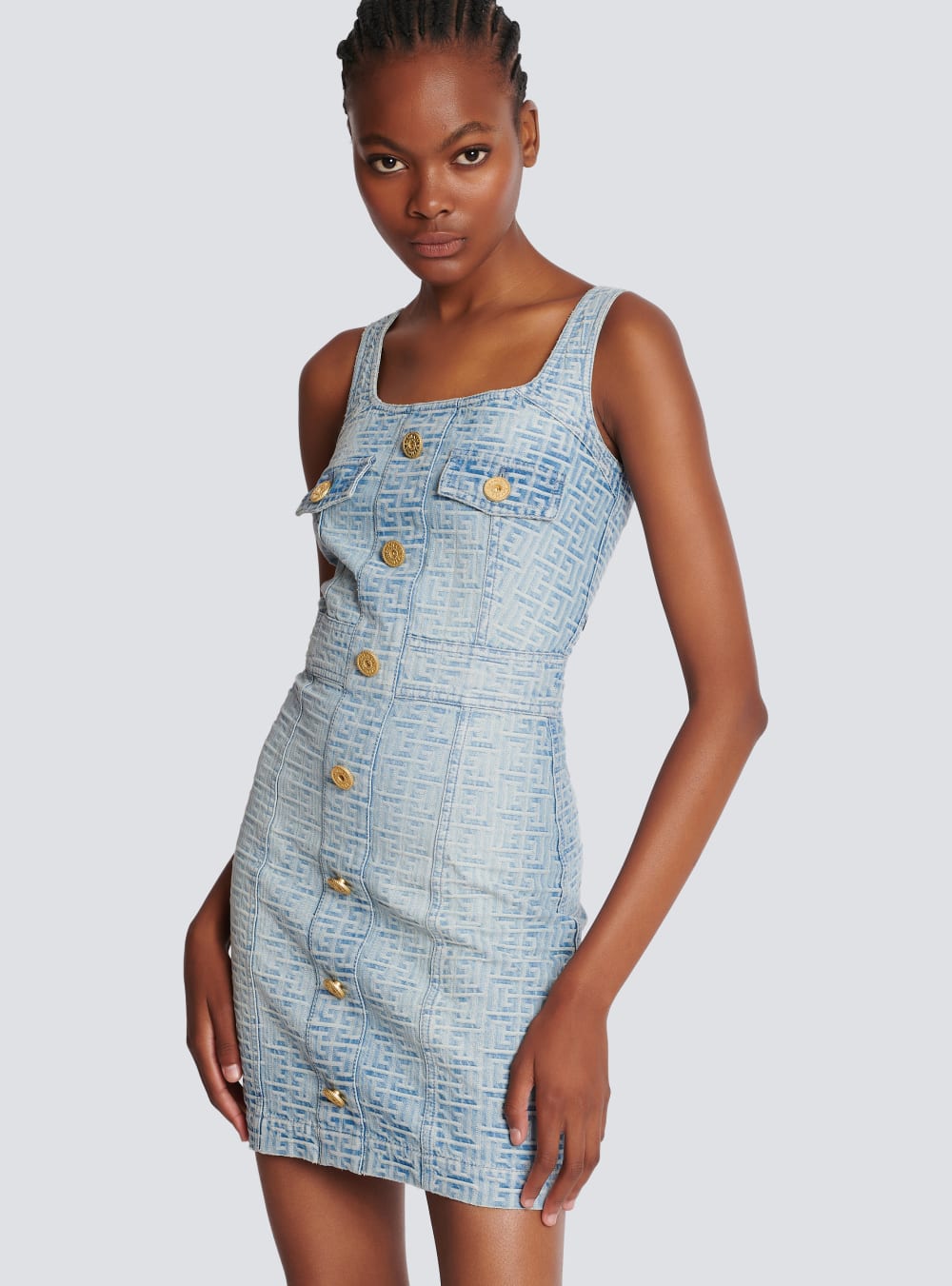 Women's Balmain Monogrammed Short Denim Dress Blue | USA 6IBtBmFT