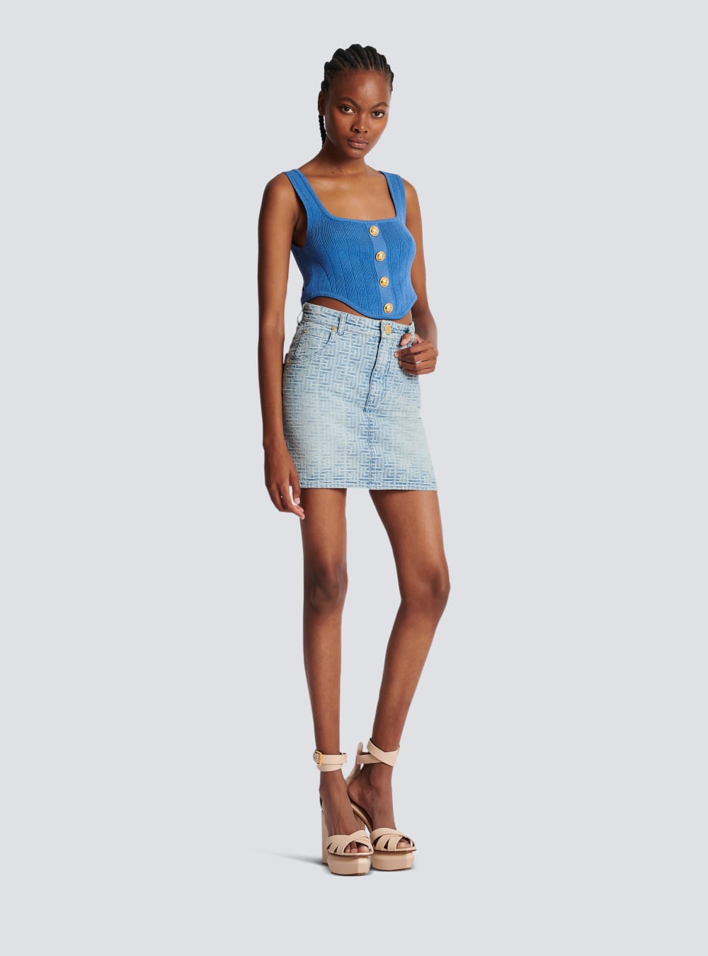 Women's Balmain Monogrammed Short Denim Skirts Blue | USA BITq5PJB