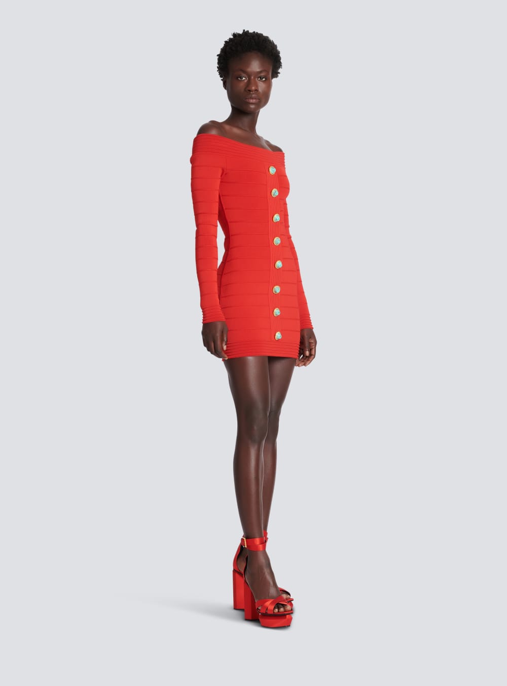 Women's Balmain Off-the-shoulder Knit Dress Red | USA r6LcW0WY