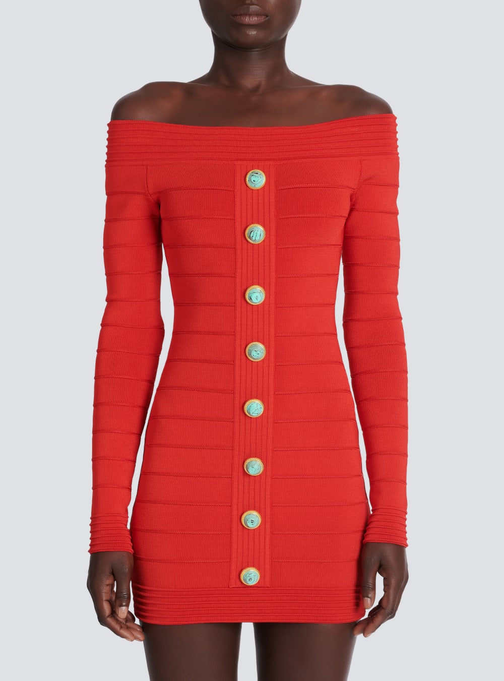 Women's Balmain Off-the-shoulder Knit Dress Red | USA r6LcW0WY