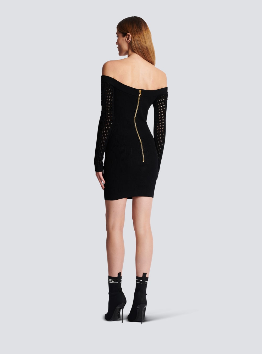 Women's Balmain Off-the-shoulder Mesh Knit Dress Black | USA 2jyuo6e5