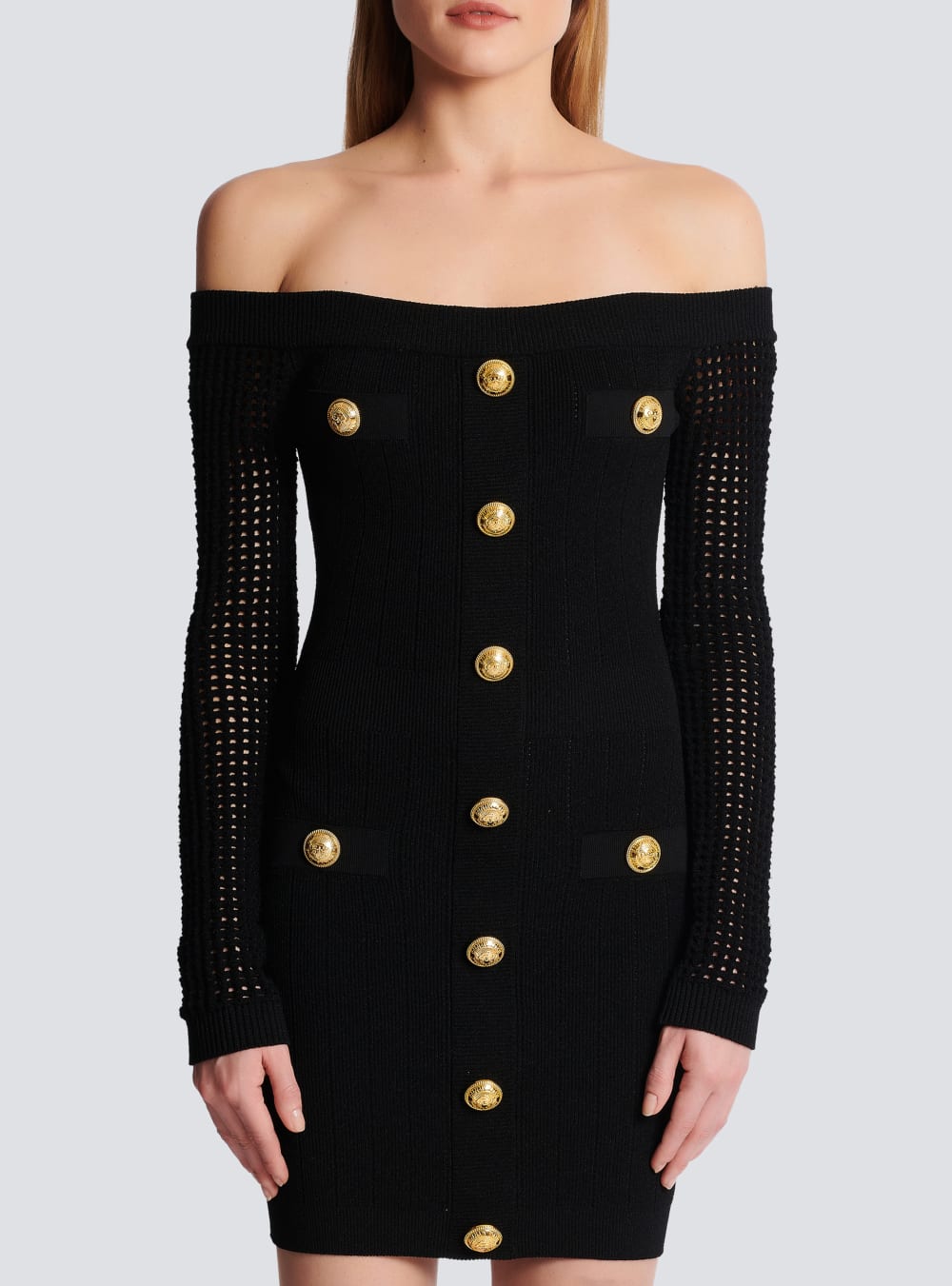 Women's Balmain Off-the-shoulder Mesh Knit Dress Black | USA 2jyuo6e5