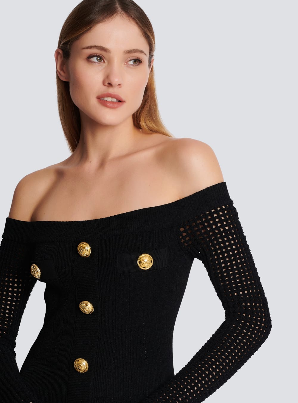 Women's Balmain Off-the-shoulder Mesh Knit Dress Black | USA 2jyuo6e5