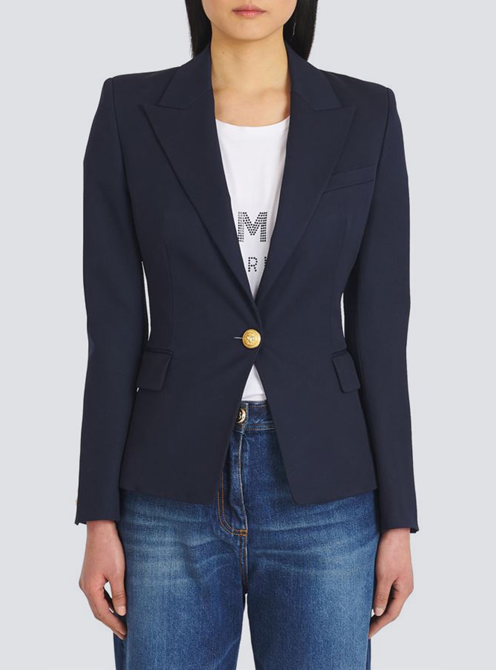 Women's Balmain One-button Wool Blazers Navy | USA qpyvJVST