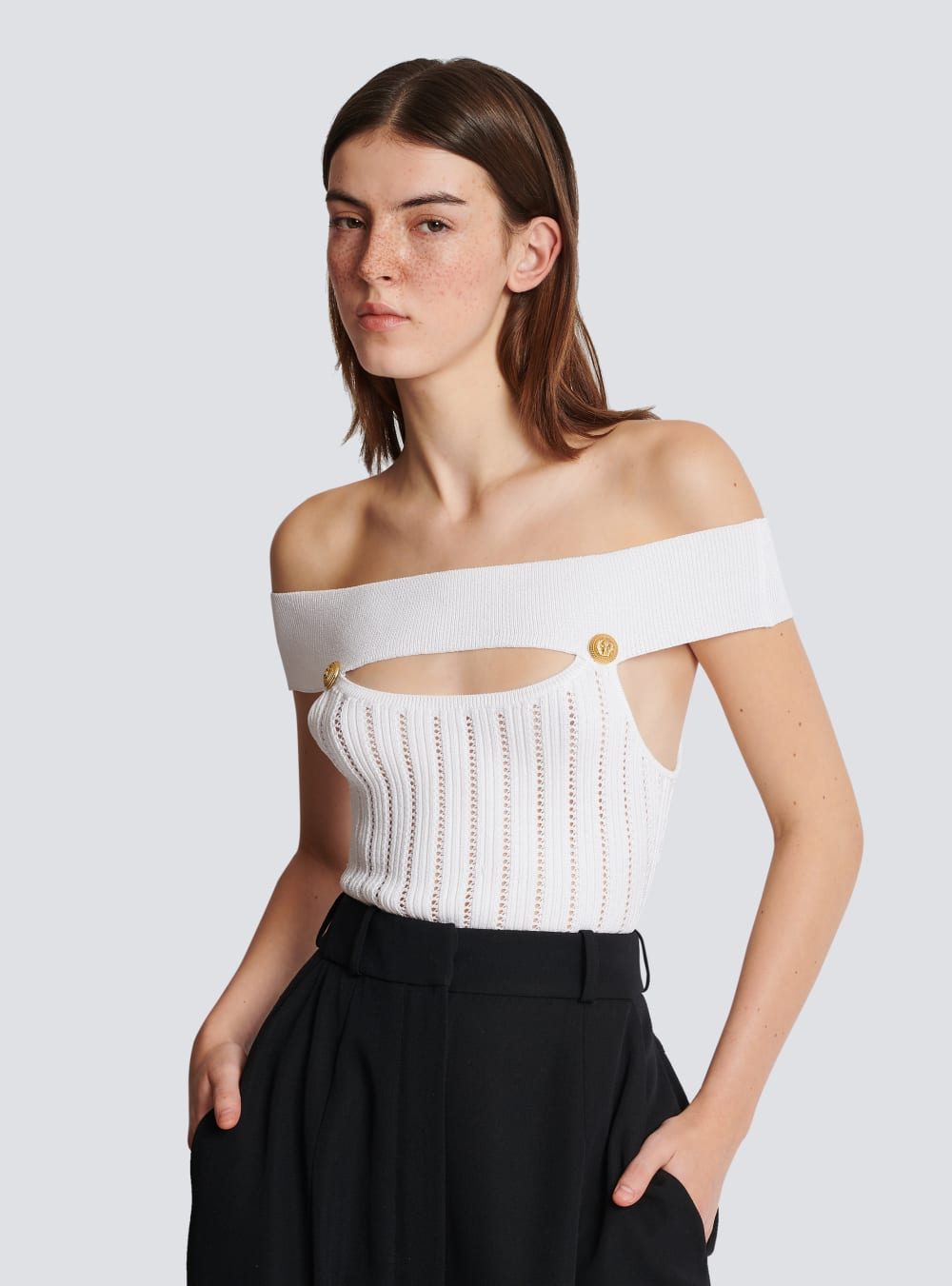 Women's Balmain Openwork Knit Tops White | USA 1AFjFBoC