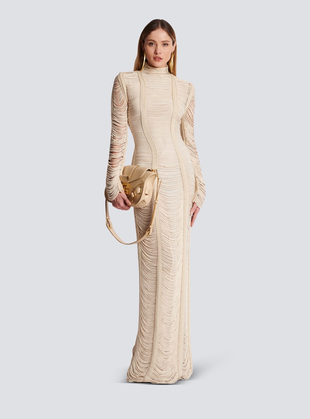 Women's Balmain Openwork Macramé Maxi Dress Beige | USA ztU0gD2Q