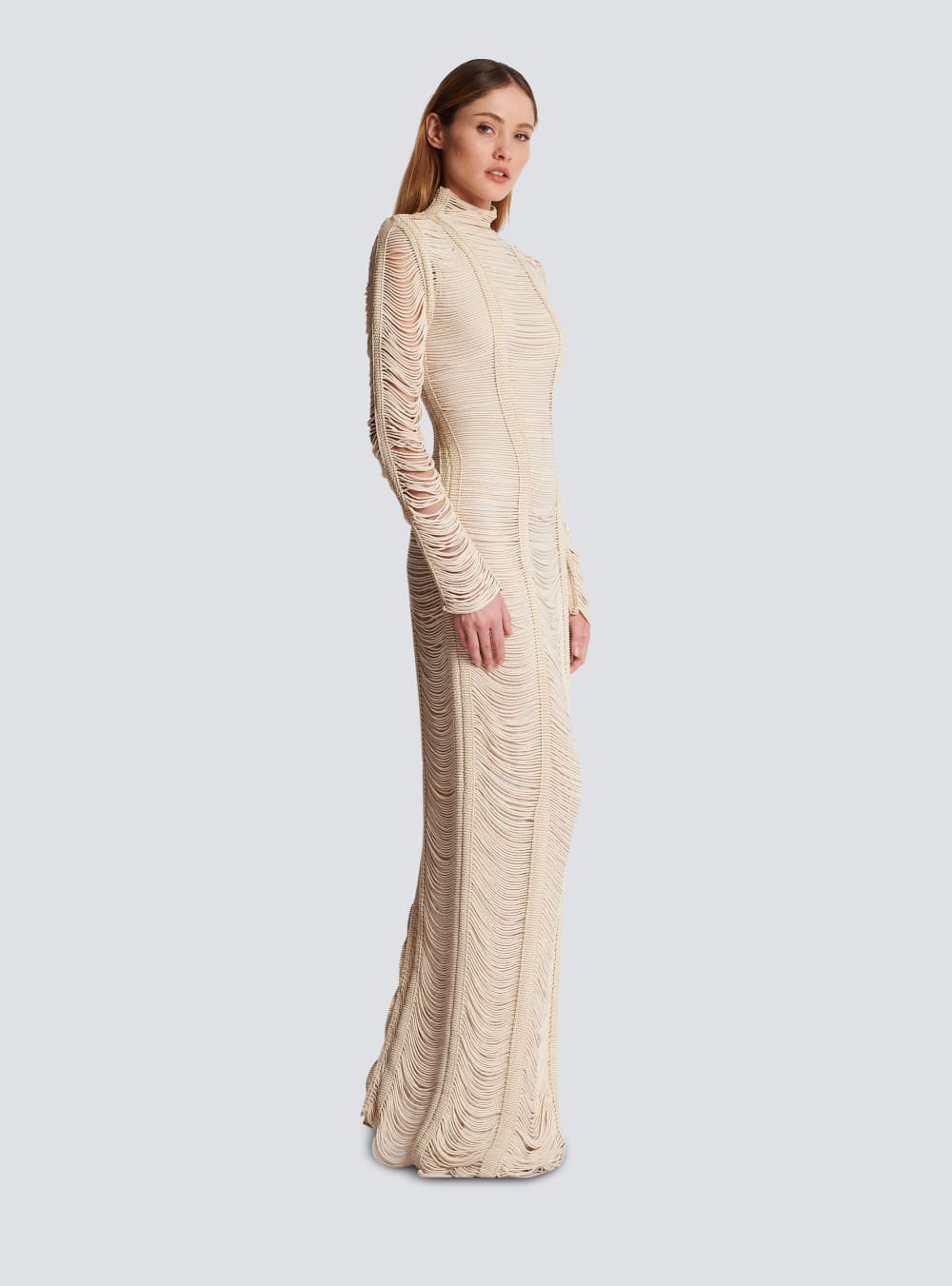 Women's Balmain Openwork Macramé Maxi Dress Beige | USA ztU0gD2Q