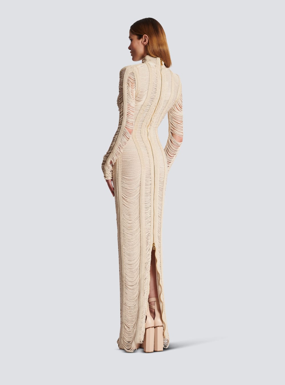 Women's Balmain Openwork Macramé Maxi Dress Beige | USA ztU0gD2Q