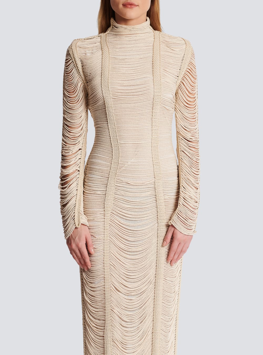 Women's Balmain Openwork Macramé Maxi Dress Beige | USA ztU0gD2Q