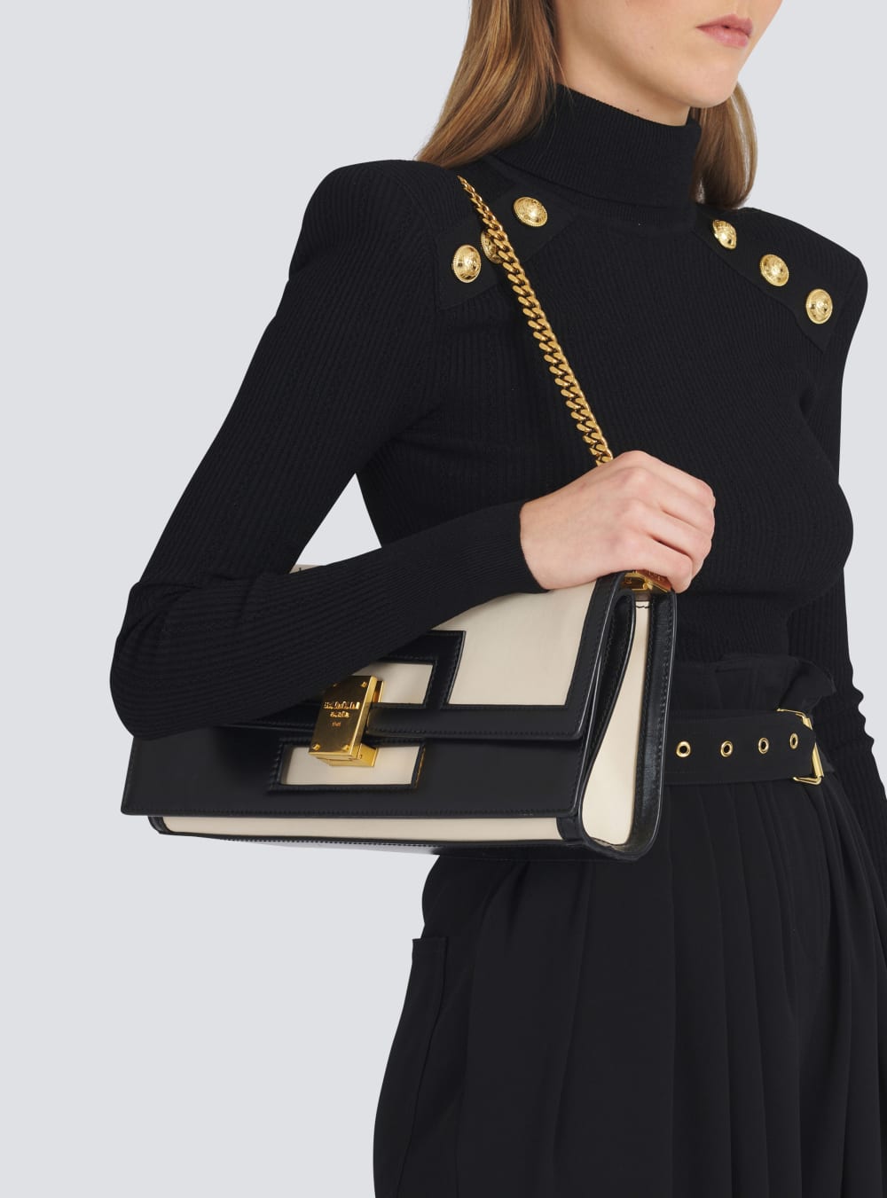 Women's Balmain Oversized Black And White Leather 1945 Heritage Shoulder Bags White | USA 4vYqQUYh