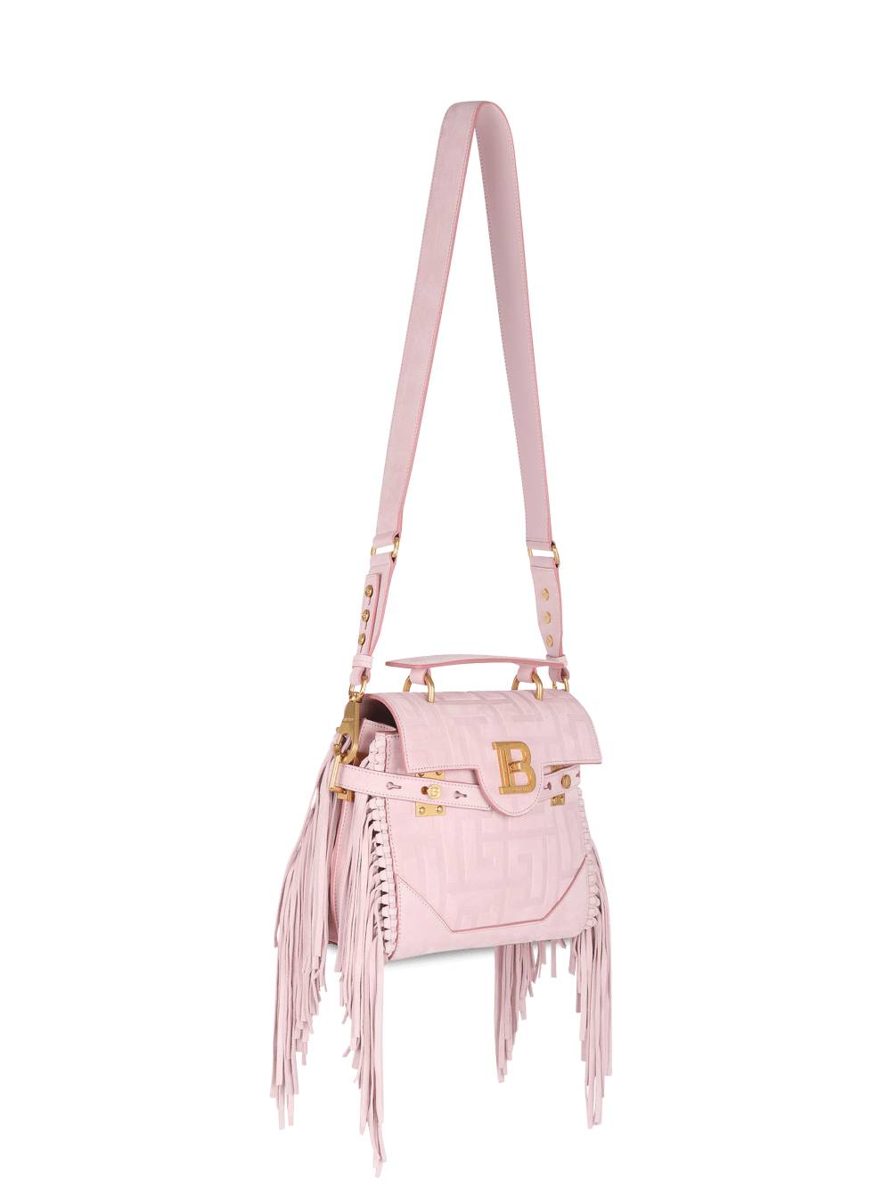 Women's Balmain Pink Embossed Suede B-Buzz 23 With Fringe Handbag Pink | USA oQgzW4Xm