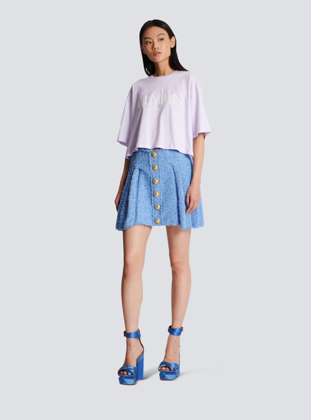 Women's Balmain Pleated Buttoned Tweed Skater Skirts Blue | USA AA4emr9K