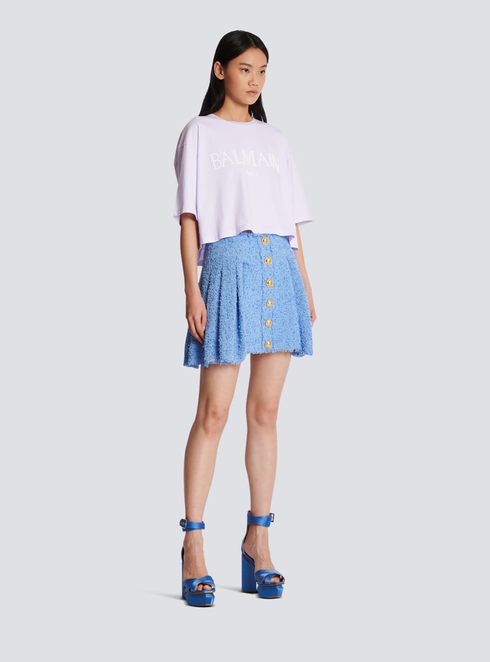 Women's Balmain Pleated Buttoned Tweed Skater Skirts Blue | USA AA4emr9K