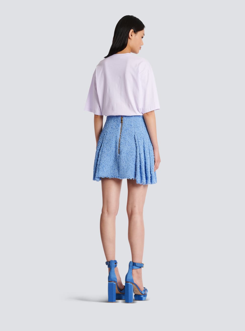 Women's Balmain Pleated Buttoned Tweed Skater Skirts Blue | USA AA4emr9K