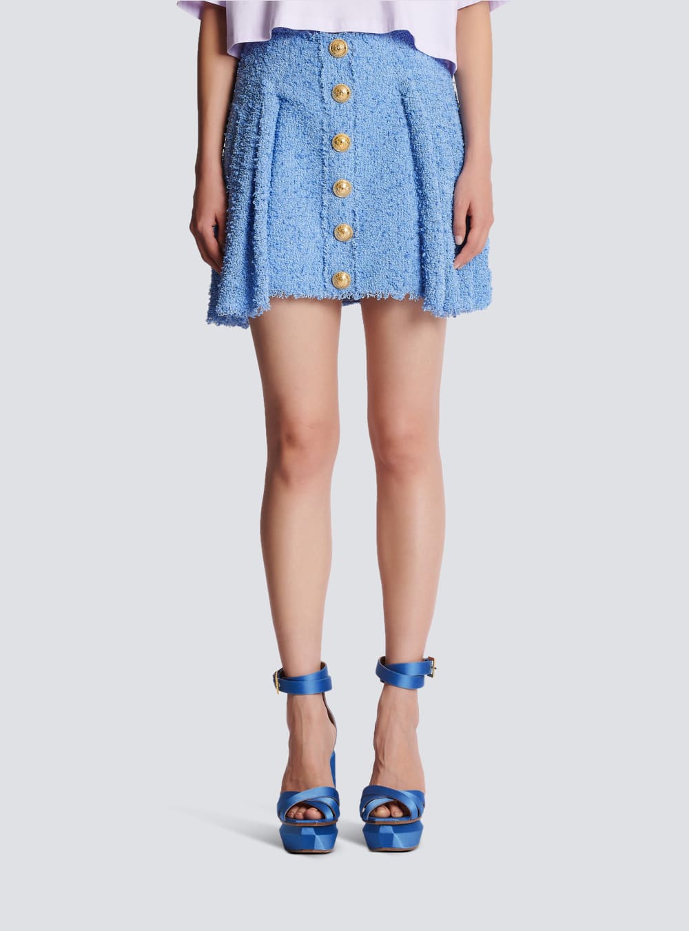 Women's Balmain Pleated Buttoned Tweed Skater Skirts Blue | USA AA4emr9K