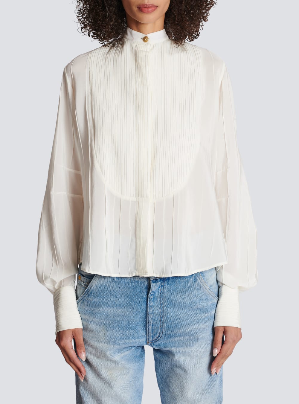 Women's Balmain Pleated Crepe Tuxedo Shirts White | USA ifDkST52