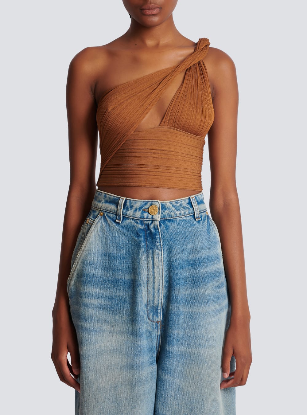 Women's Balmain Pleated Jersey Draped Bra Tops Brown | USA GH5uJniI