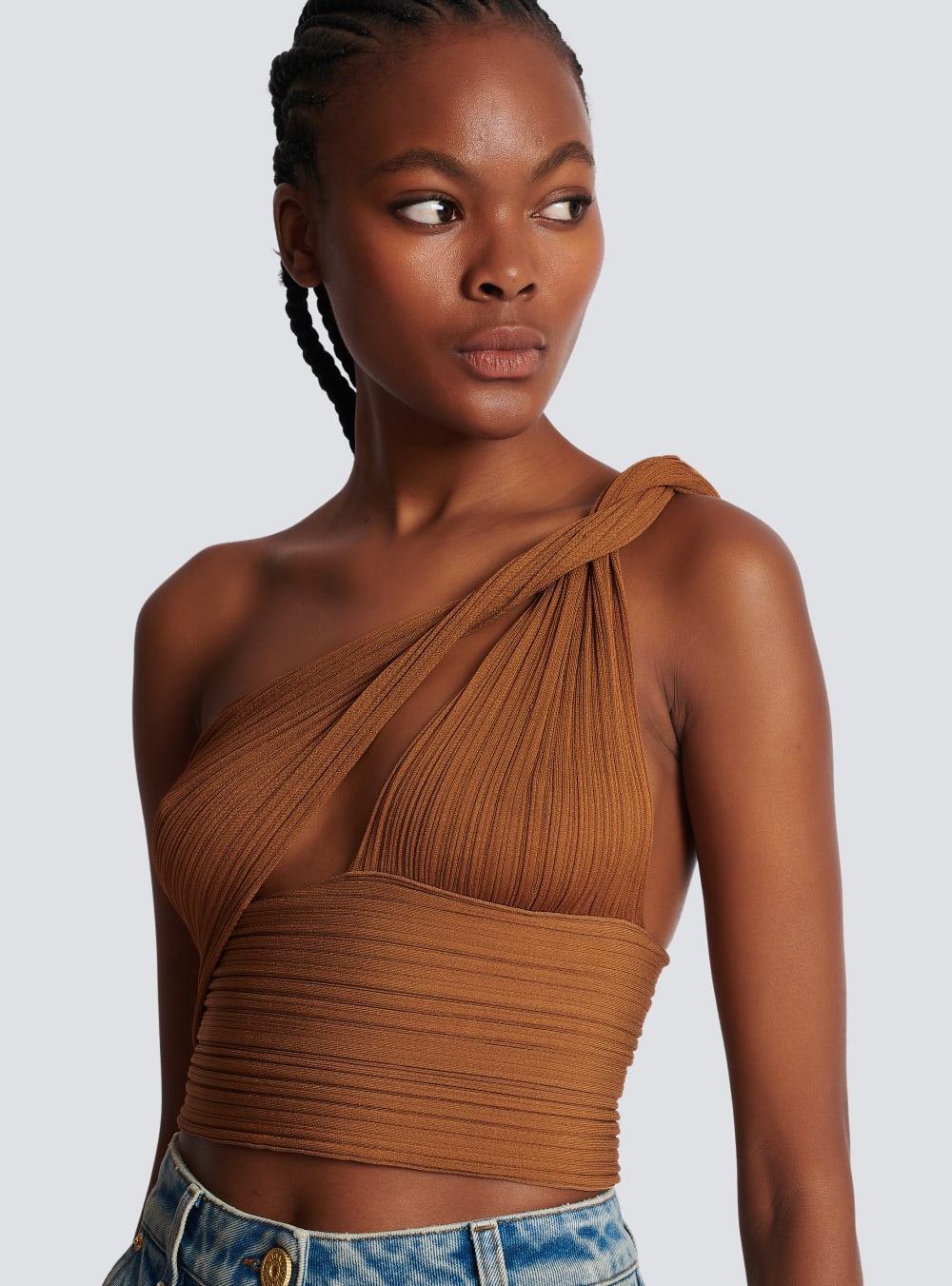 Women's Balmain Pleated Jersey Draped Bra Tops Brown | USA GH5uJniI