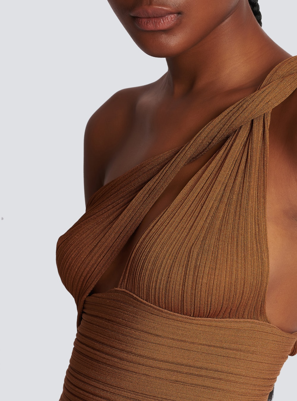 Women's Balmain Pleated Jersey Draped Bra Tops Brown | USA GH5uJniI