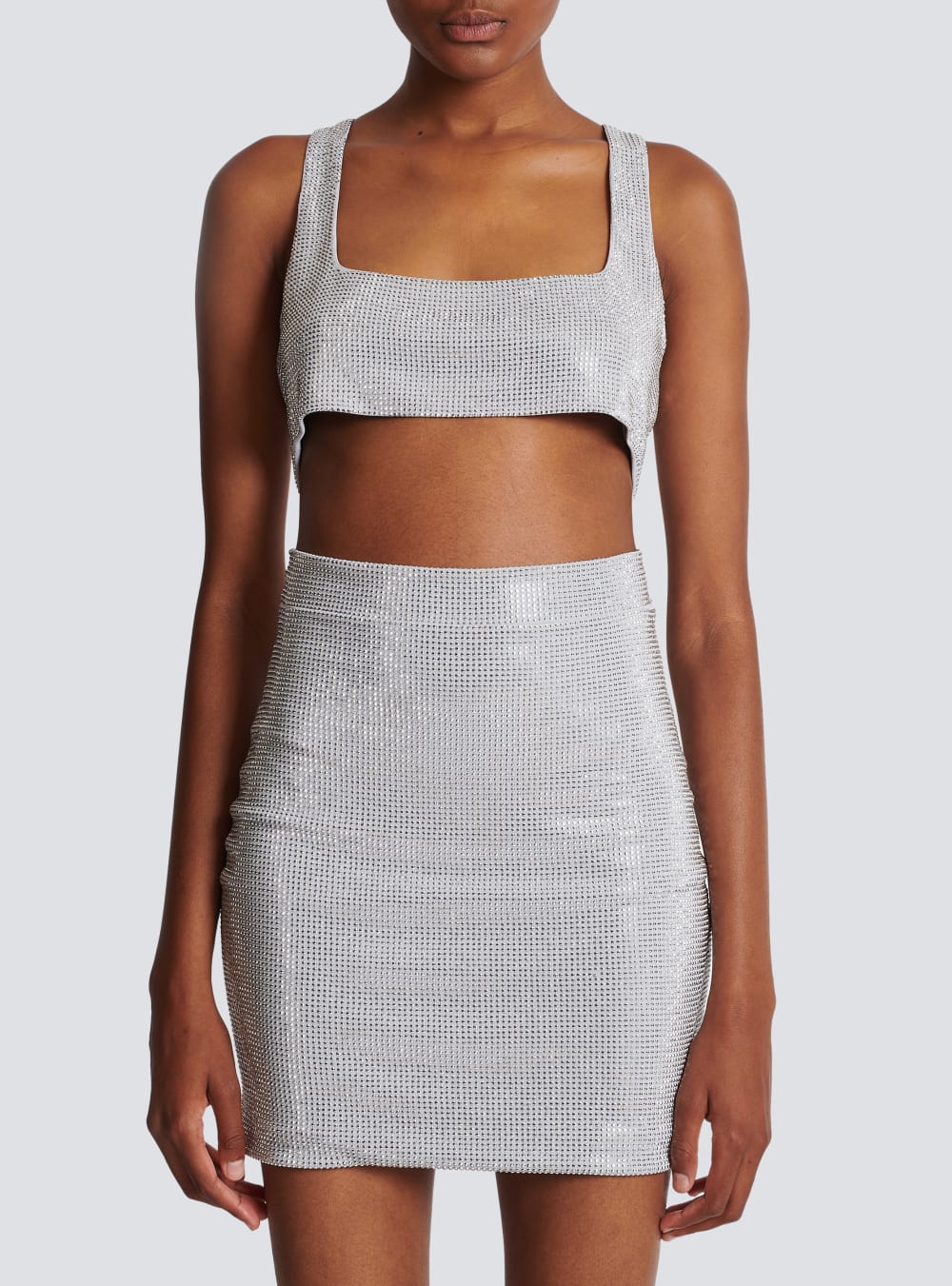 Women's Balmain Rhinestone Crop Tops Silver | USA PiPuTFIR