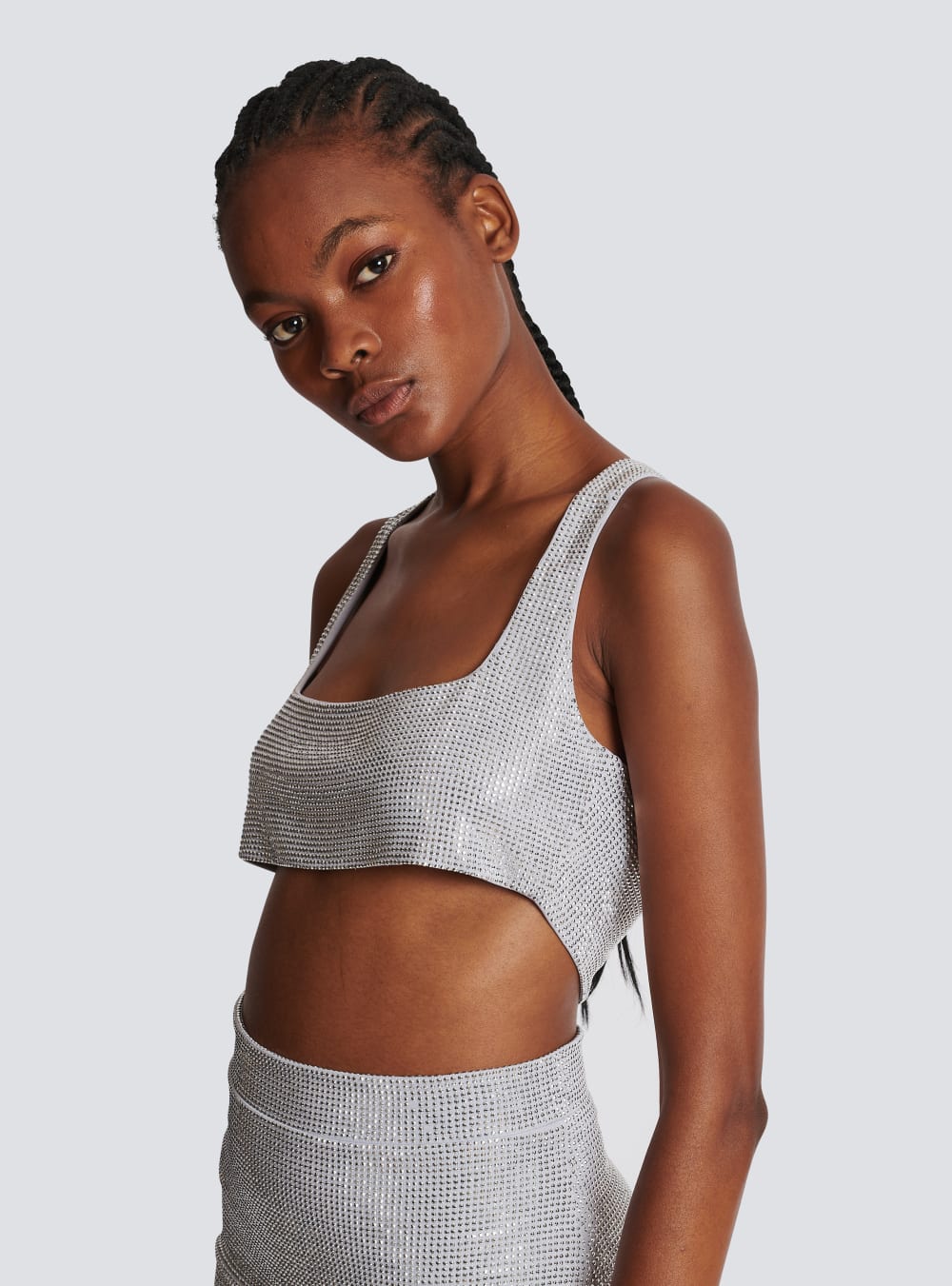 Women's Balmain Rhinestone Crop Tops Silver | USA PiPuTFIR