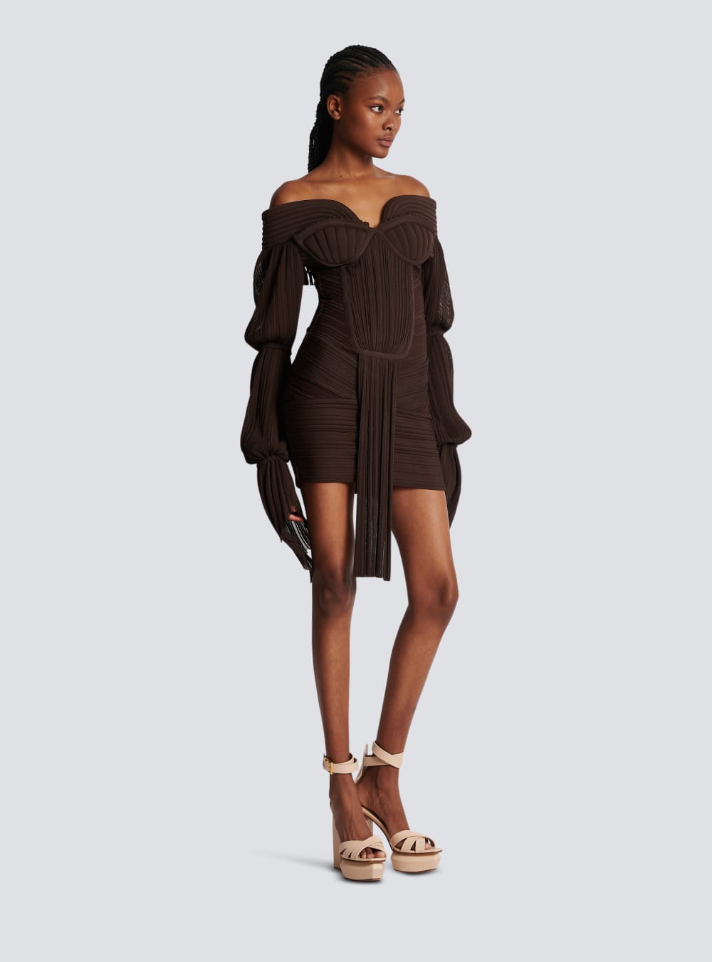 Women's Balmain Short Draped Pleated Knit Dress Brown | USA k7FjmvTQ