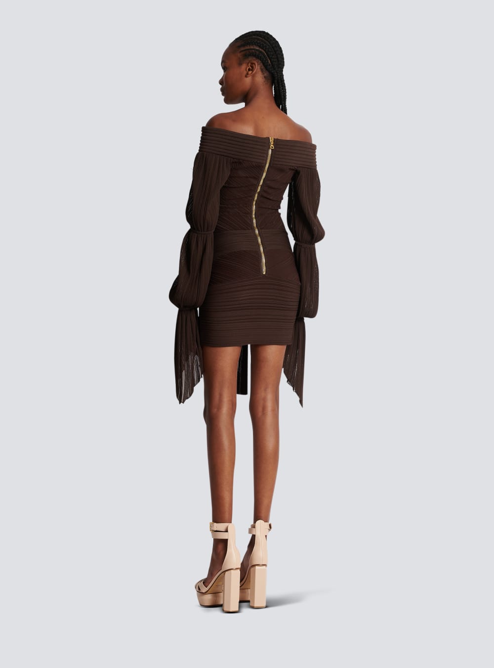 Women's Balmain Short Draped Pleated Knit Dress Brown | USA k7FjmvTQ