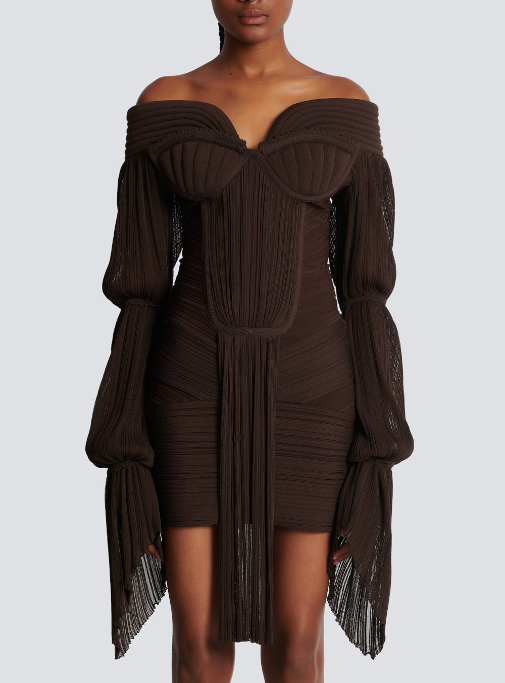 Women's Balmain Short Draped Pleated Knit Dress Brown | USA k7FjmvTQ