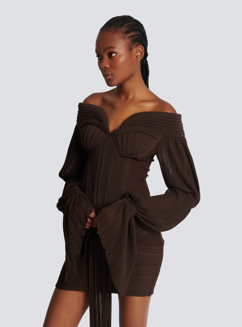 Women's Balmain Short Draped Pleated Knit Dress Brown | USA k7FjmvTQ