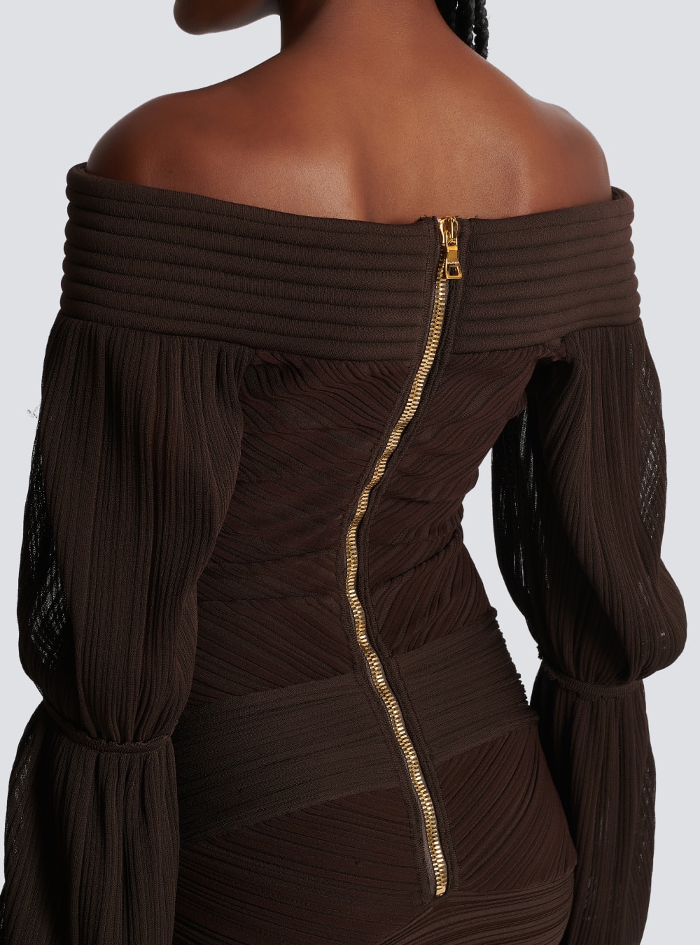 Women's Balmain Short Draped Pleated Knit Dress Brown | USA k7FjmvTQ