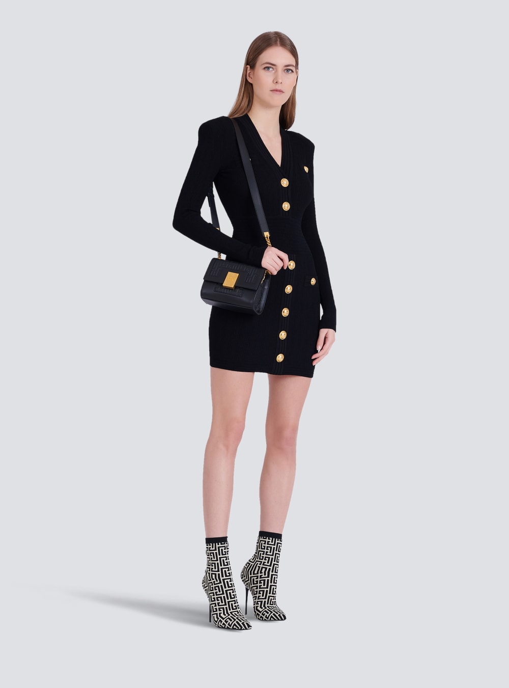 Women's Balmain Short Eco-designed Knit With Gold-tone Buttons Dress Black | USA kUMnJwEv