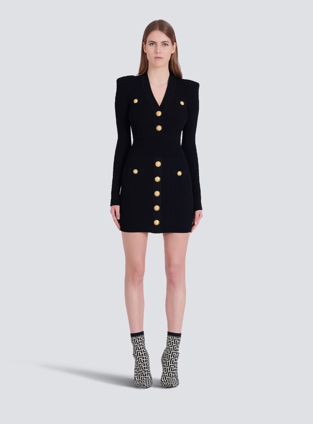 Women's Balmain Short Eco-designed Knit With Gold-tone Buttons Dress Black | USA kUMnJwEv