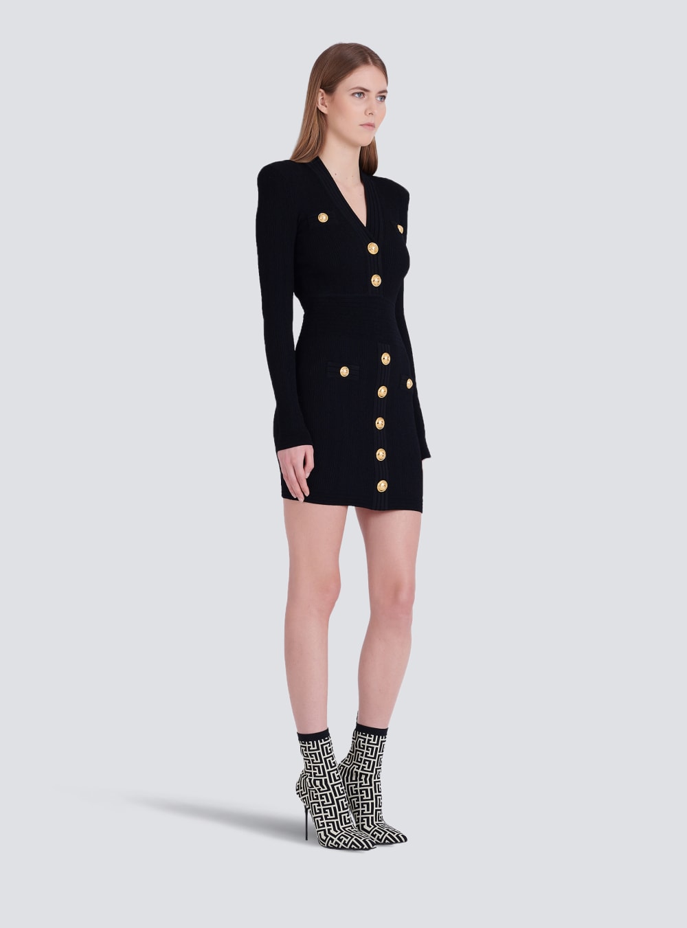 Women's Balmain Short Eco-designed Knit With Gold-tone Buttons Dress Black | USA kUMnJwEv