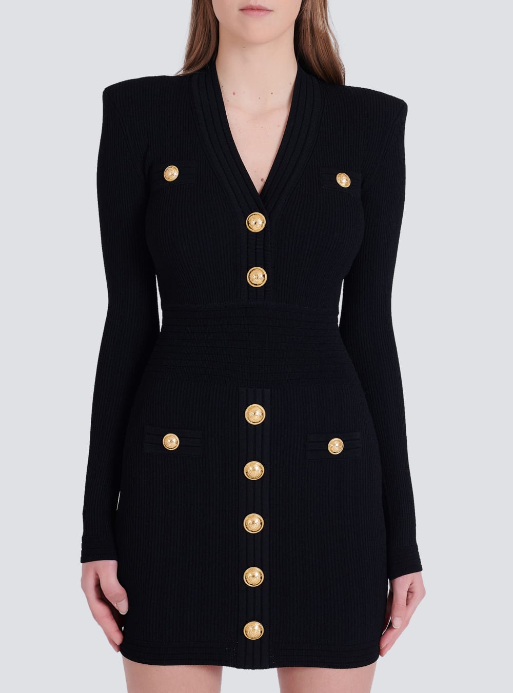 Women's Balmain Short Eco-designed Knit With Gold-tone Buttons Dress Black | USA kUMnJwEv