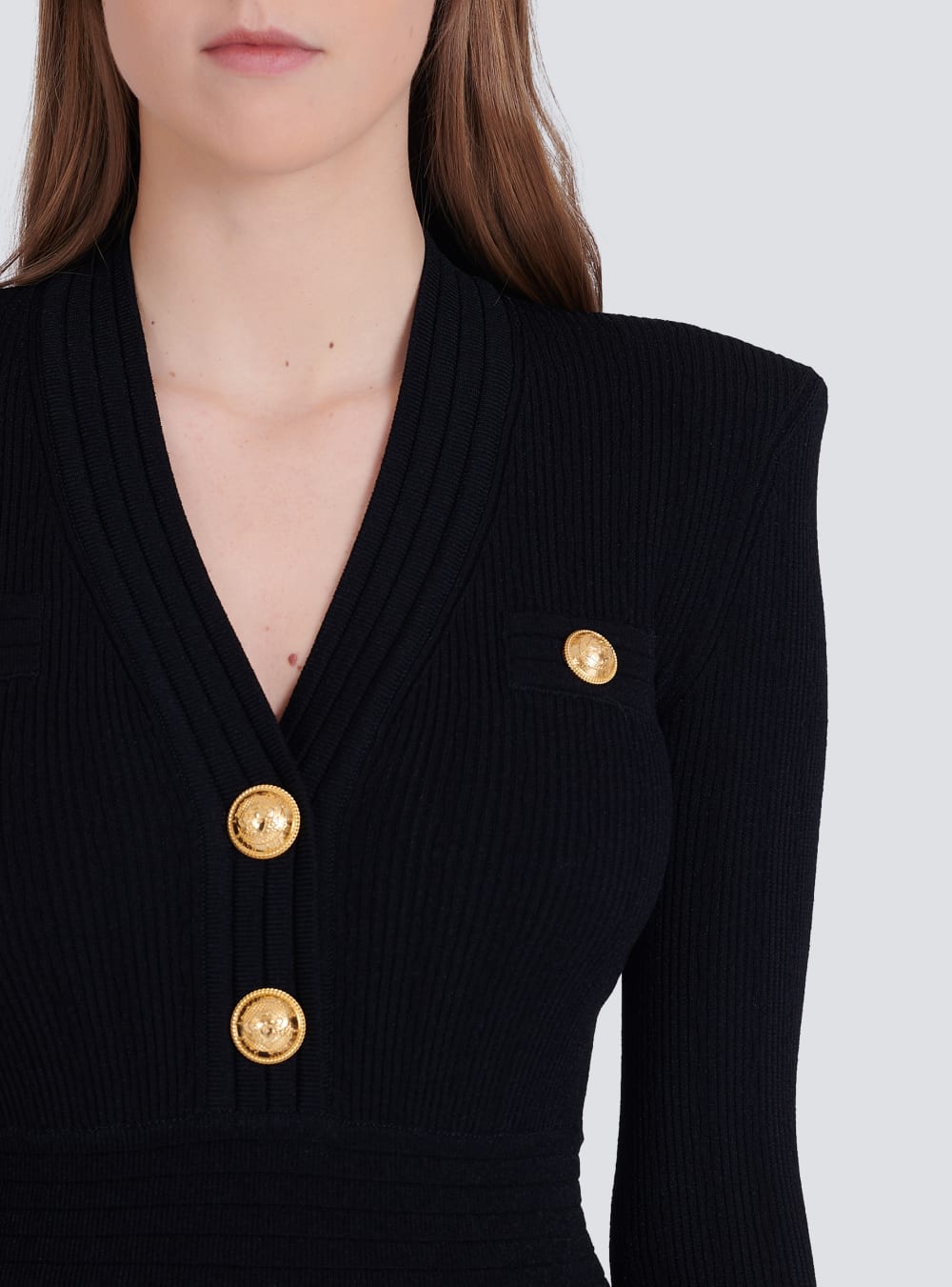 Women's Balmain Short Eco-designed Knit With Gold-tone Buttons Dress Black | USA kUMnJwEv