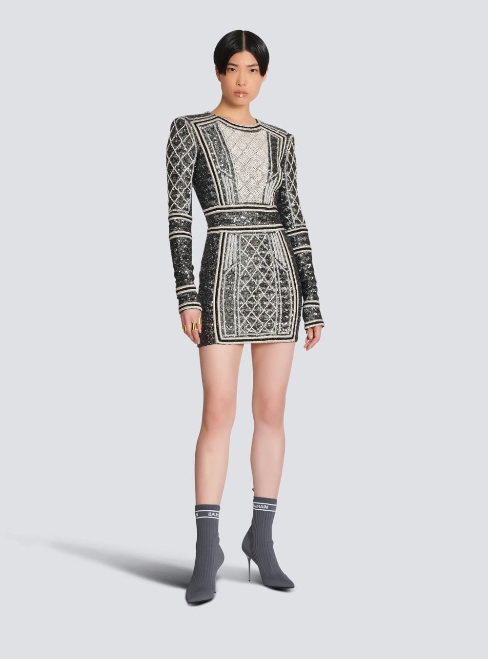 Women's Balmain Short Embroidered Dress Grey | USA Uawew3bv