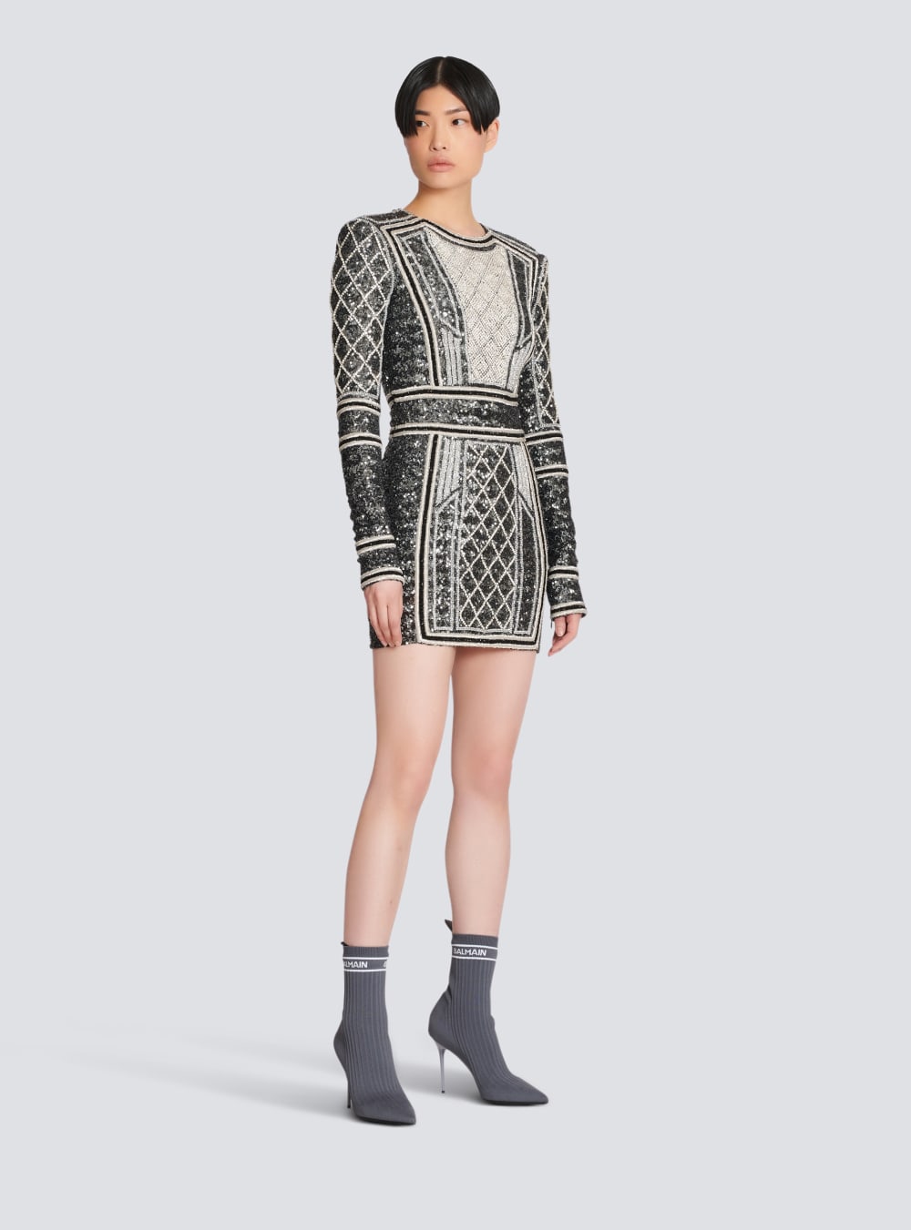 Women's Balmain Short Embroidered Dress Grey | USA Uawew3bv