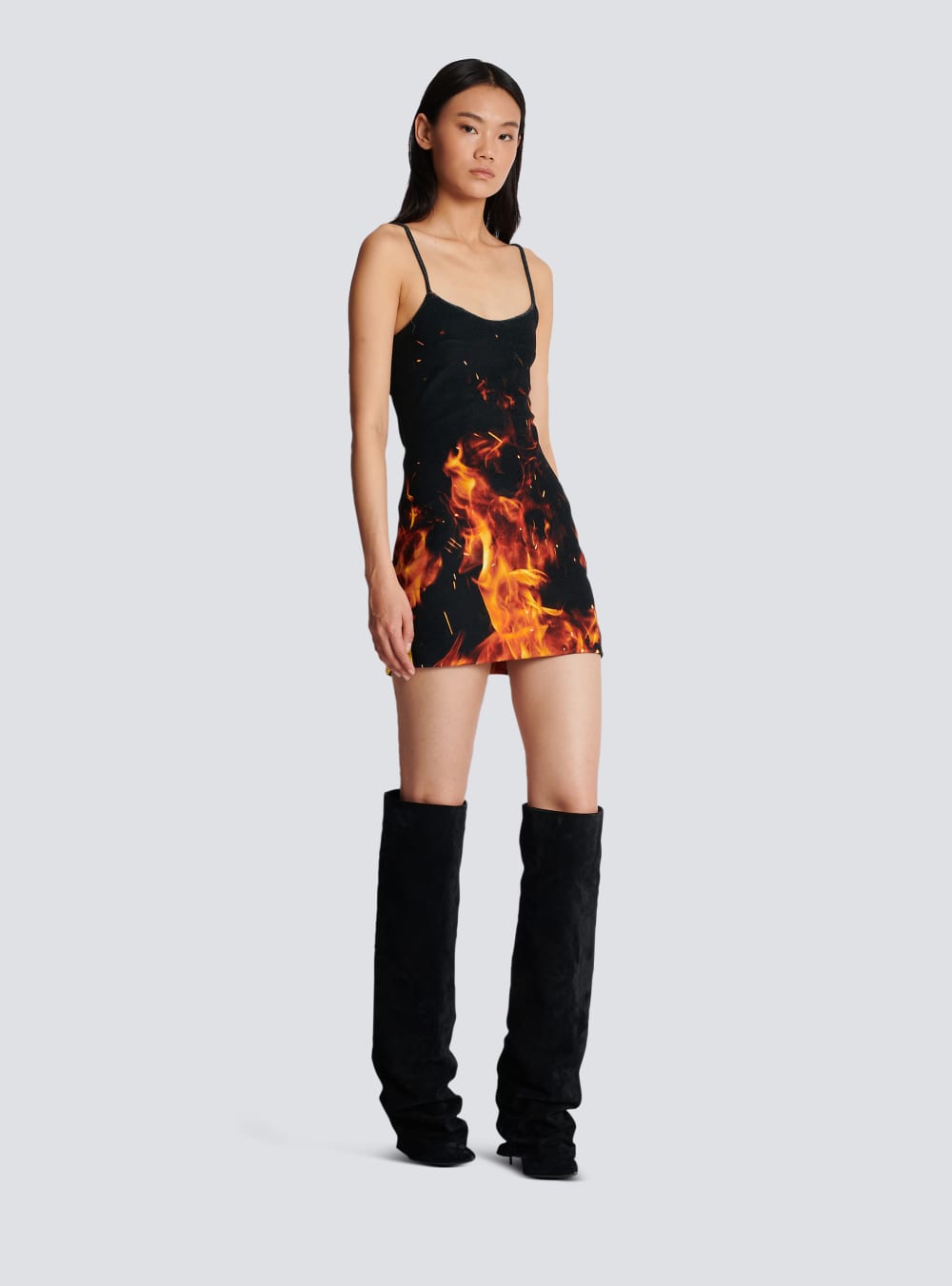 Women's Balmain Short Fire Printed Velvet Jersey Dress Orange | USA 9WDyW9l3