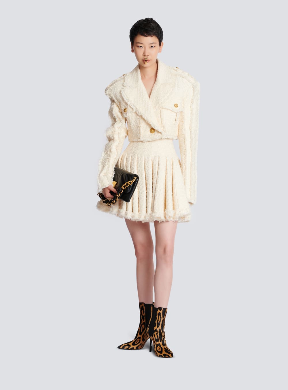 Women's Balmain Short Fringed Tweed Jackets White | USA l6QJVCEp