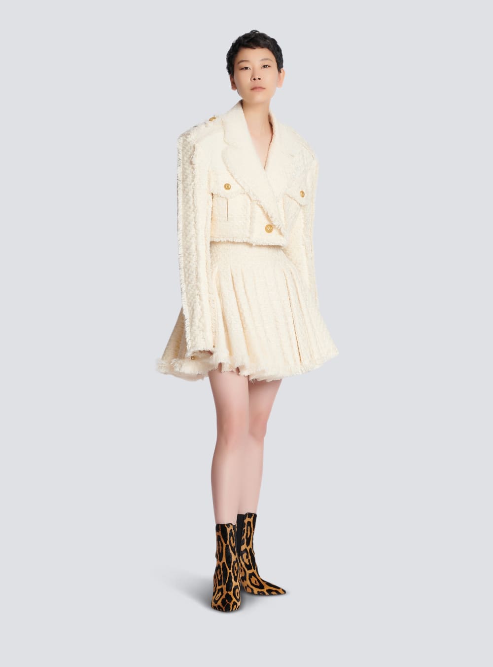 Women's Balmain Short Fringed Tweed Jackets White | USA l6QJVCEp