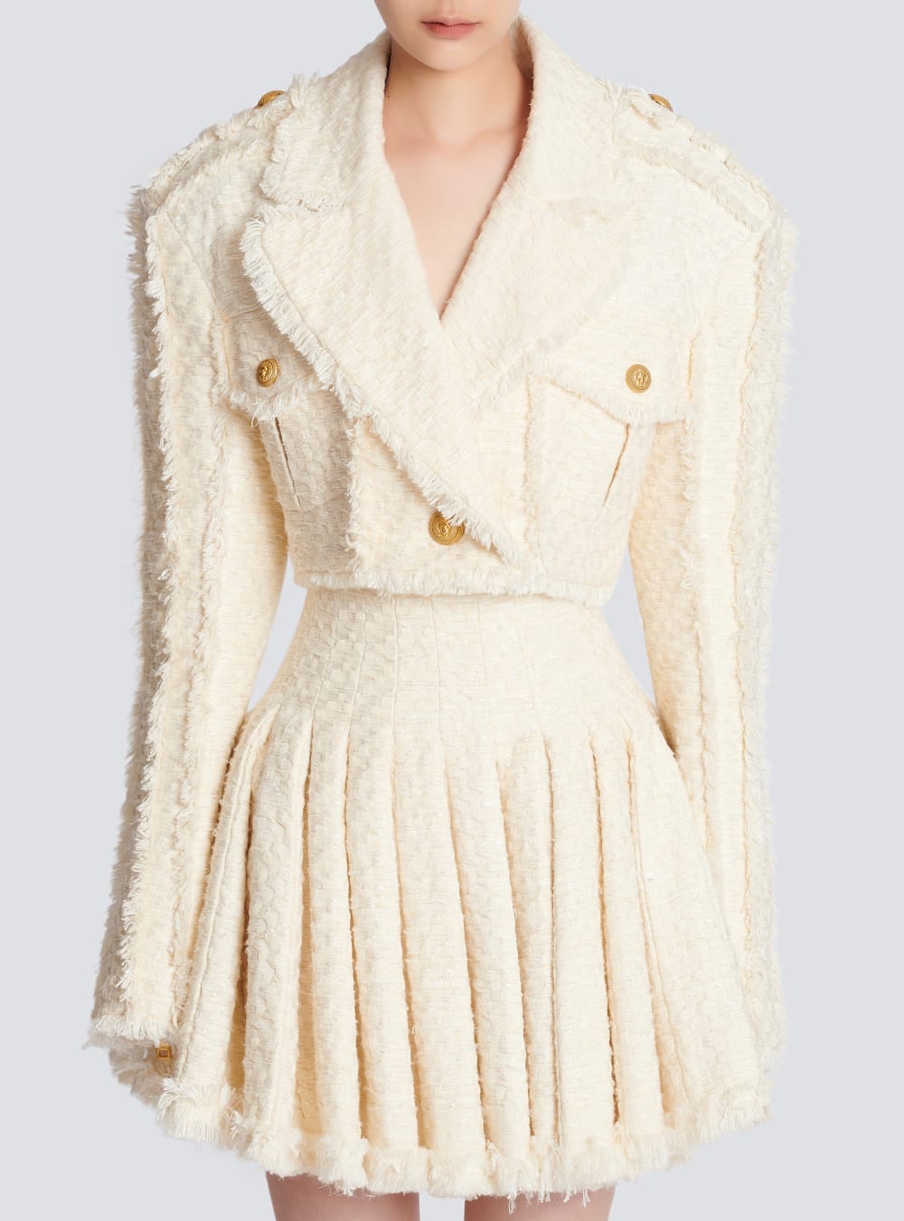 Women's Balmain Short Fringed Tweed Jackets White | USA l6QJVCEp