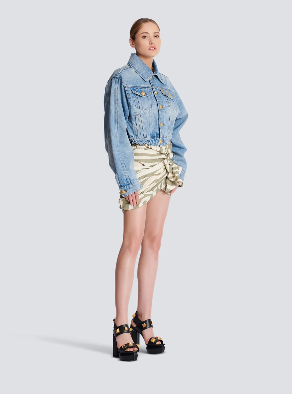 Women's Balmain Short In Faded Denim Jackets Blue | USA ZpJpdHfG