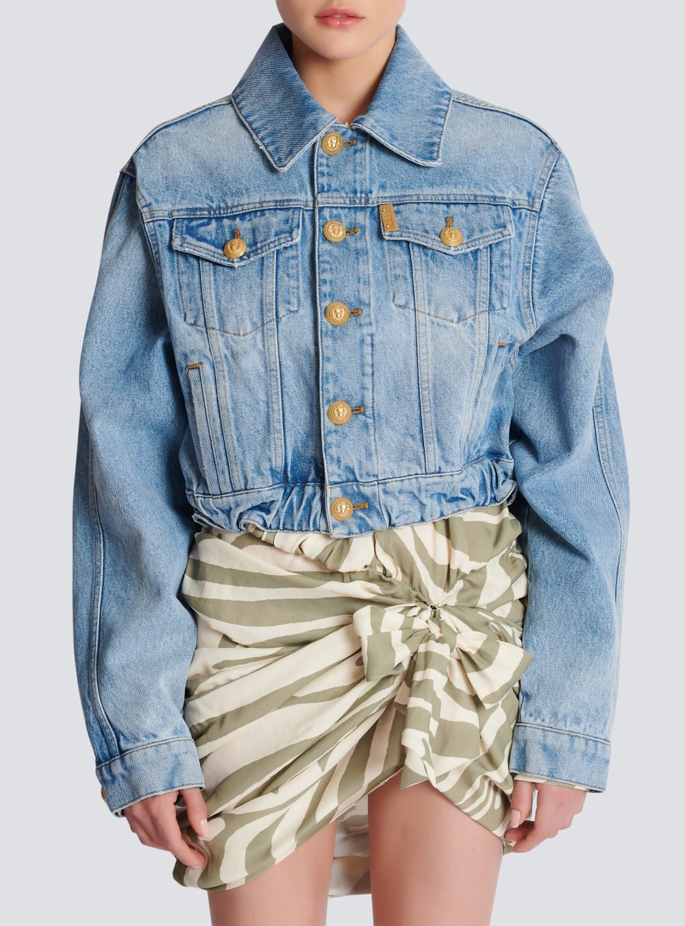 Women's Balmain Short In Faded Denim Jackets Blue | USA ZpJpdHfG