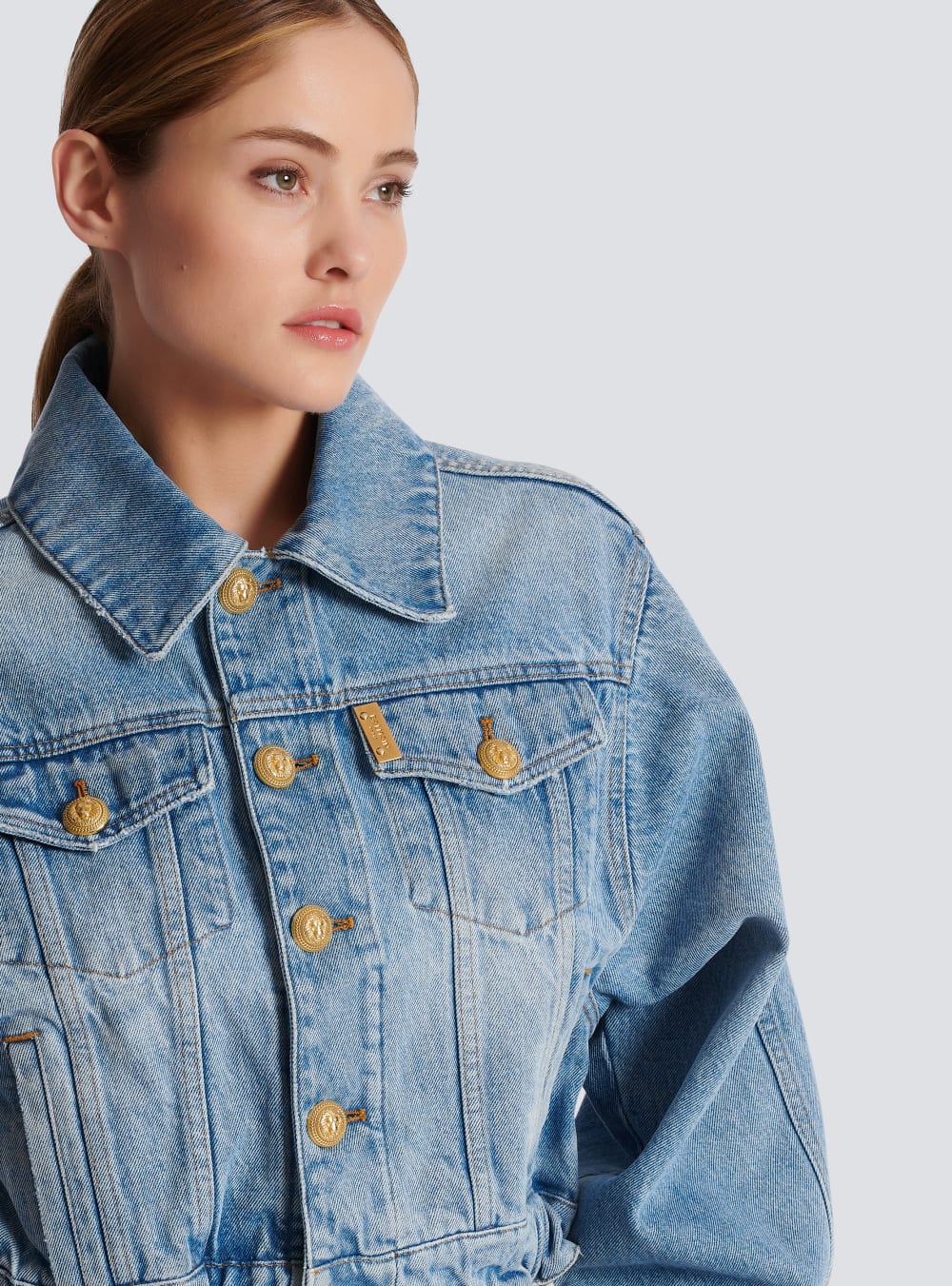 Women's Balmain Short In Faded Denim Jackets Blue | USA ZpJpdHfG