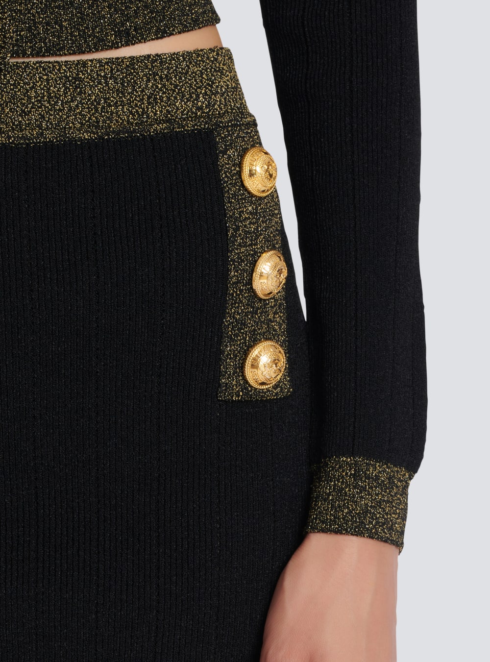 Women's Balmain Short Knit With Gold Trim Skirts Black | USA a4ZwALSM