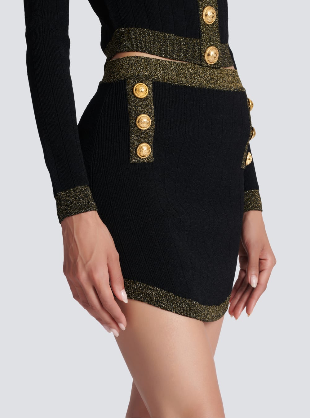 Women's Balmain Short Knit With Gold Trim Skirts Black | USA a4ZwALSM