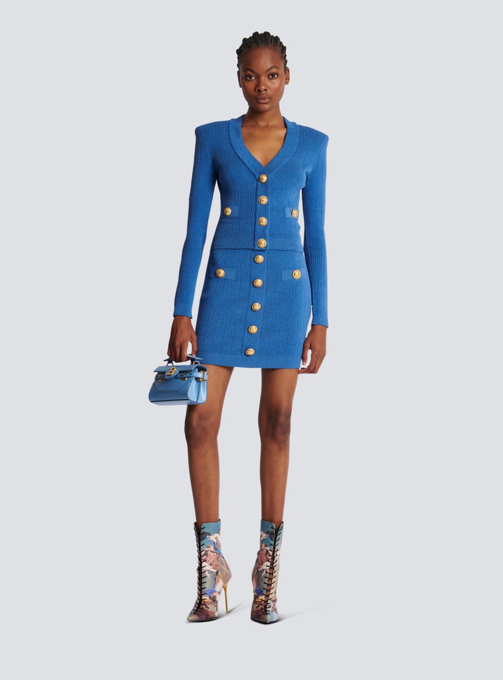 Women's Balmain Short Knitted Buttoned Skirts Blue | USA pLIEnuMW